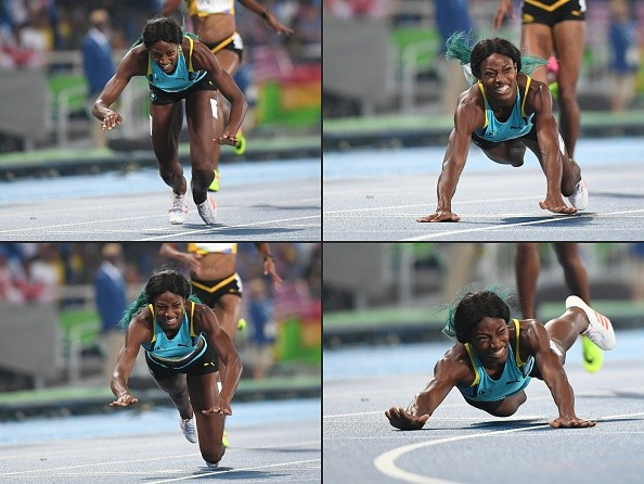 This combination of pictures  shows Bahama's Shauna Miller diving to cross the finish line to win gold medal the Women's 400m in Rio Olympic Games .